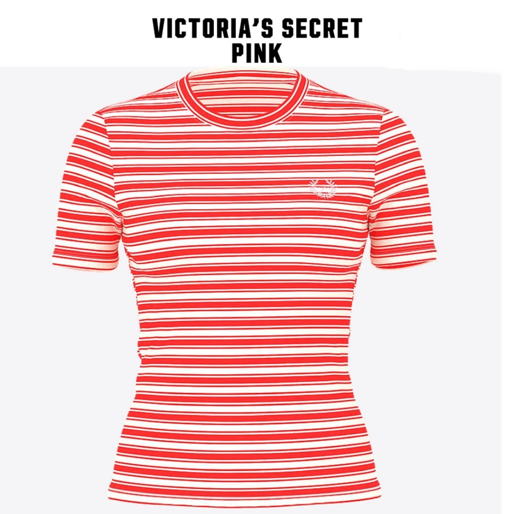 VICTORIA SECRET PINK Fitted rib-knit tee Red Pepper Stripe color size L NWT - Picture 11 of 11